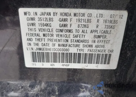 2013 Honda Fit Sport z USA, uszkodzony, nr VIN JHMGE8H61DC003080